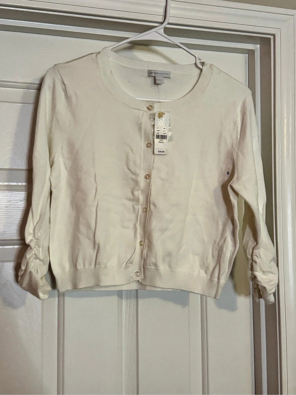 New York & Company Ruched Sleeve Cardigan in Cream Small NWT